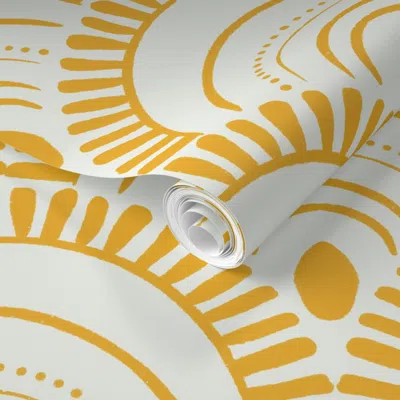 Spoonflower Pre-pasted Wallpaper Warm Yellow Hand Drawn Scallop Pattern - Minimalistic Sunny Kids Room  Removabl In Gold