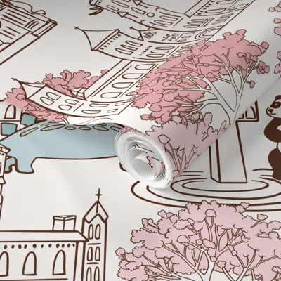 Spoonflower Pre-pasted Wallpaper Washington Dc Landmarks Urban City Sketch With Animals And Dinosaurs 2' X 12' R