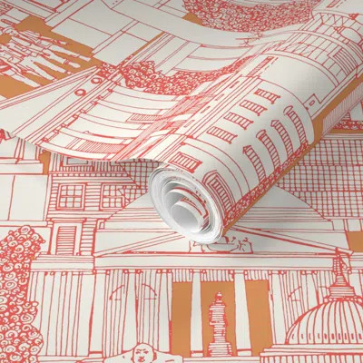 Spoonflower Pre-pasted Wallpaper Washington Dc Toile Sunset Orange  Removable