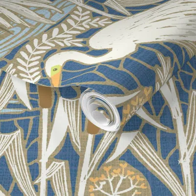Spoonflower Pre-pasted Wallpaper Watching Cranes Stronger Blue - Large Scale / 19" Fabric / 28" 2' X 12' Removab