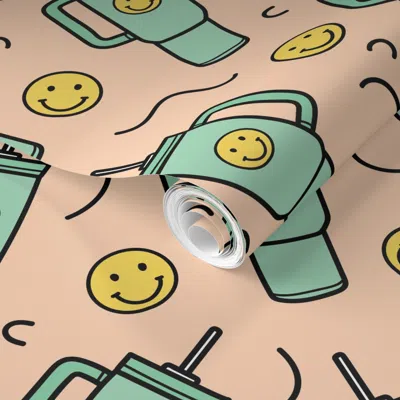 Spoonflower Pre-pasted Wallpaper Water Bottle Tumbler Drink Cup Retro Hydrate Health Theme Boys Smiley 2' X 12' 
