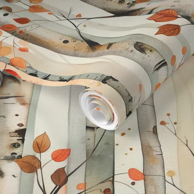 Spoonflower Pre-pasted Wallpaper Watercolor Autumn Birch Tree Forest 2' X 12' Removable