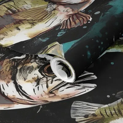 Spoonflower Pre-pasted Wallpaper Watercolor Bass Fish Swimming In Lake Angler Green Blue Black Lake House 2' X 1