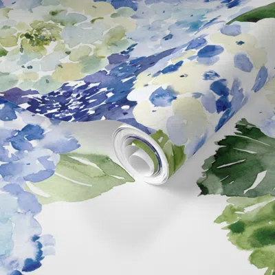 Spoonflower Pre-pasted Wallpaper Watercolor Blue Hydrangea Blossom Kitchen 01 Medium 2' X 12' Removable