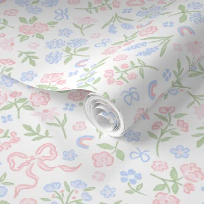 Spoonflower Pre-pasted Wallpaper Watercolor Bows Flowers Ditsy Floral Toss Grandmillennial Preppy 127 2' X 12' R In Multi