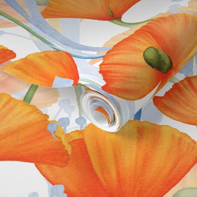 Spoonflower Pre-pasted Wallpaper Watercolor California Poppies Botanical Farmhouse Floral Vintage Beauty 2' X 12