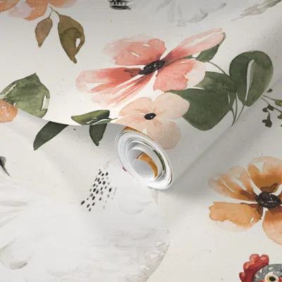Spoonflower Pre-pasted Wallpaper Watercolor Chicken Floral On Textured Cream 24 Inch 2' X 12' Removable In Multi