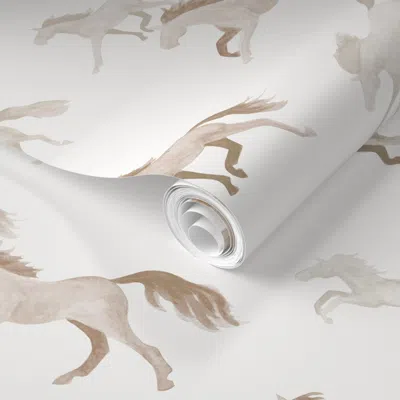 Spoonflower Pre-pasted Wallpaper Watercolor Horses - Taupe 2' X 12' Removable