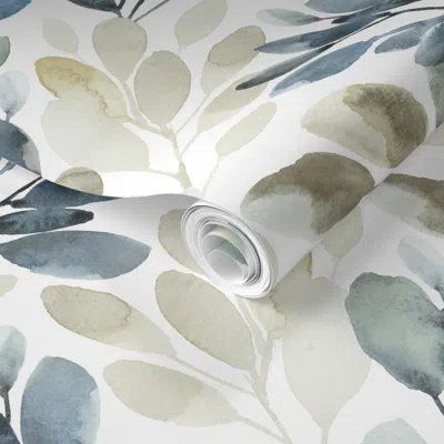 Spoonflower Pre-pasted Wallpaper Watercolor Sprigs Muted Tan Blue Jumbo  Removable