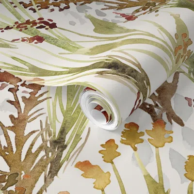 Spoonflower Pre-pasted Wallpaper Watercolor Weeds And Wildflowers - Large - Botanical Natural Field Meadow 2' X  In Neutral