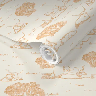 Spoonflower Pre-pasted Wallpaper Watercolor Western Toile Longhorns & Oaks Muted Orange 2' X 12' Removable
