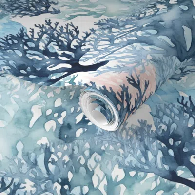 Spoonflower Pre-pasted Wallpaper Watercolour Blue Coral 2' X 12' Removable