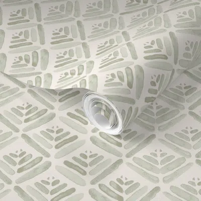 Spoonflower Pre-pasted Wallpaper Watercolour Geo - Cream & Light Green 2' X 12' Removable