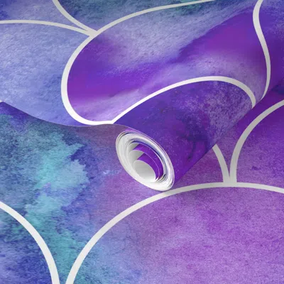Spoonflower Pre-pasted Wallpaper Watercolour Mermaid Scales In Purple And Blue 2' X 12' Removable In Multi