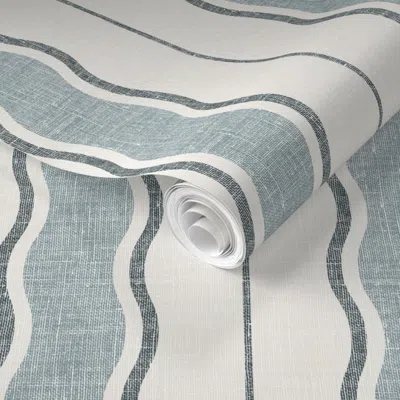 Spoonflower Pre-pasted Wallpaper Wavy Mod Stripe In Moody Ocean Gray 2' X 12' Removable In Blue