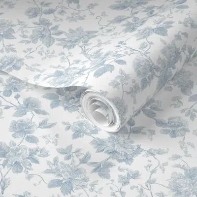Spoonflower Pre-pasted Wallpaper Wendlington - Engraved Rose Tangle In Cottage Soft Blue Quintessential Home 2' 
