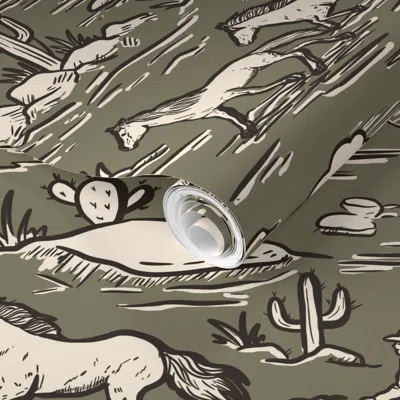 Spoonflower Pre-pasted Wallpaper Western Alien Abduction Toile De Jouy Pattern Funny Western Ufo Tate Olive 2' X