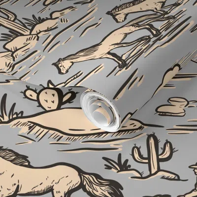 Spoonflower Pre-pasted Wallpaper Western Alien Abduction Toile De Jouy Pattern Funny Western Ufo Wb24 Large 2' X