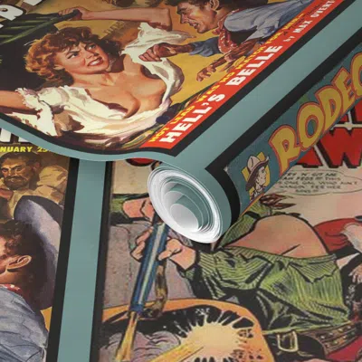 Spoonflower Pre-pasted Wallpaper Western Comic Covers 2' X 12' Removable