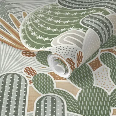 Spoonflower Pre-pasted Wallpaper Western Sunset- Cacti Desert- Boho Vintage Sage Green- Gold Mustard Large  Remo