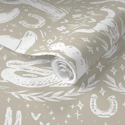 Spoonflower Pre-pasted Wallpaper Western Texas  In Neutral Tan For Boys Bedroom  Removable