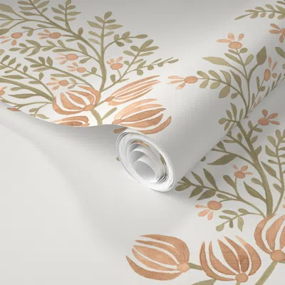 Spoonflower Pre-pasted Wallpaper Wheat And Apricot On Cream Emma Floral Toss  Removable In White