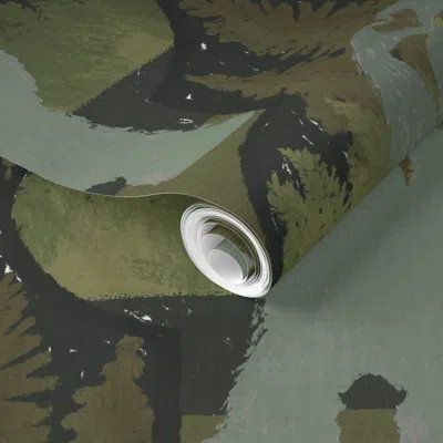 Spoonflower Pre-pasted Wallpaper Whimsical Bigfoot Loves The Pines In The Woods  Green And Charcoal 2' X 12' Rem