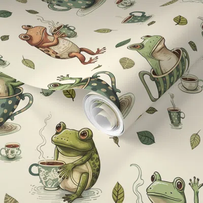 Spoonflower Pre-pasted Wallpaper Whimsical Frogs And Teacups On Soft Pink 2' X 12' Removable