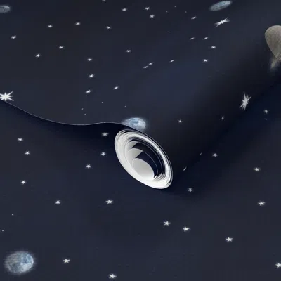 Spoonflower Pre-pasted Wallpaper Whimsical Solar System Galaxy Starry Night Sky Outer Space Adventure Retro  Rem