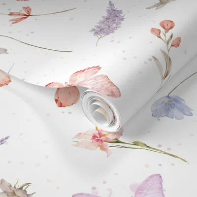 Spoonflower Pre-pasted Wallpaper White And Pink Butterfly Peach Floral For Baby Quilt Pastel Butterflies And 2' 