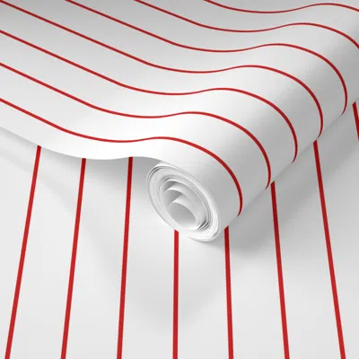 Spoonflower Pre-pasted Wallpaper White And Red Vertical Pinstripes 2' X 12' Removable In Multi
