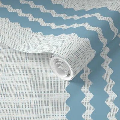 Spoonflower Pre-pasted Wallpaper White And Sky Blue Triple Ric Rac Wavy Line Stripe For Boys Coastal Nursery 2' 