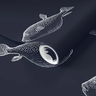 Spoonflower Pre-pasted Wallpaper White Blowfish Pufferfish Fish On Navy 2' X 12' Removable