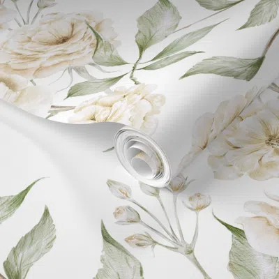 Spoonflower Pre-pasted Wallpaper White Garden Roses  Removable