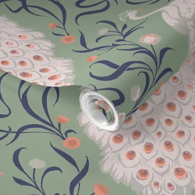 Spoonflower Pre-pasted Wallpaper White Peacocks On Mint - Navy Accents - Large Scale 2' X 12' Removable