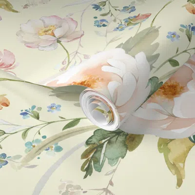 Spoonflower Pre-pasted Wallpaper White Roses Pink Peonies Blue Floral On Cream 2' X 12' Removable