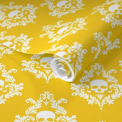 Spoonflower Pre-pasted Wallpaper White Skull Damask On Golden Yellow 2' X 12' Removable