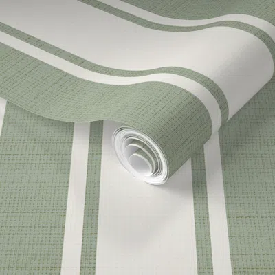 Spoonflower Pre-pasted Wallpaper Wide Ticking Stripes Light Sage Green And Cream White Linen Texture 2' X 12' Re