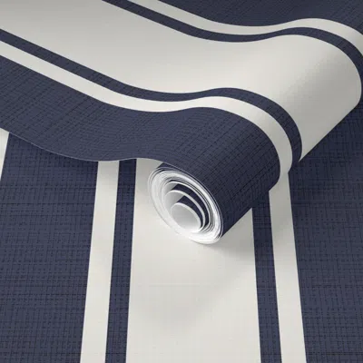 Spoonflower Pre-pasted Wallpaper Wide Ticking Stripes Navy Blue And Cream White 2' X 12' Removable