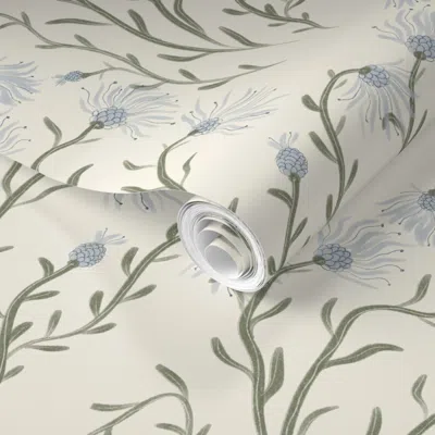 Spoonflower Pre-pasted Wallpaper Wild Blue Flowers On Cream (m) 2' X 12' Removable
