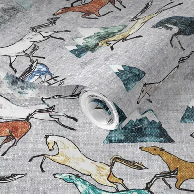 Spoonflower Pre-pasted Wallpaper Wild Bush Horses (silver) Med 2' X 12' Removable