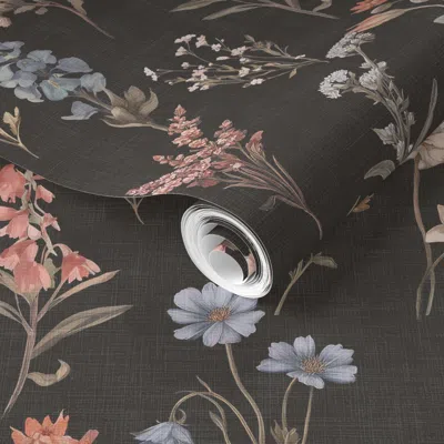 Spoonflower Pre-pasted Wallpaper Wild Flowers On Charcoal Black Linen  Removable