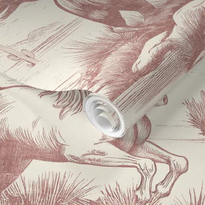 Spoonflower Pre-pasted Wallpaper Wild Horses On The Prairie - Maroon On Cream Linen - Large Scale 2' X 12' Remov