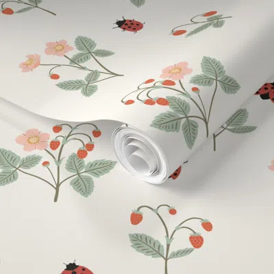 Spoonflower Pre-pasted Wallpaper Wild Strawberries And Ladybugs - Preppy Summer Print In Cream And Pink 2' X 12'