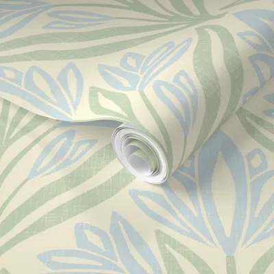 Spoonflower Pre-pasted Wallpaper Wild Tulip Block Print Linen Texture In Sky Blue Green / M / Preppy Coastal 2' 