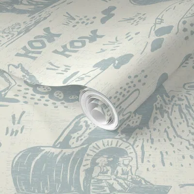 Spoonflower Pre-pasted Wallpaper Wild West Scene With Cowboys/ Horses - Ecru/ Baby Blue 2' X 12' Removable