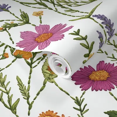 Spoonflower Pre-pasted Wallpaper Wildflower Embroidery Hand-sewn Floral 2' X 12' Removable