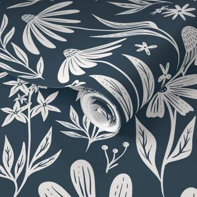 Spoonflower Pre-pasted Wallpaper Wildflowers - Deep Blue - Medium Scale  Removable