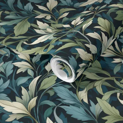 Spoonflower Pre-pasted Wallpaper William Morris Green And Blue Leafs Tiny 2' X 12' Removable