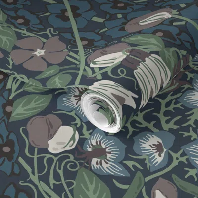 Spoonflower Pre-pasted Wallpaper William Morris Hollyhock And Sweet Pea (blue Tones) 2' X 12' Removable